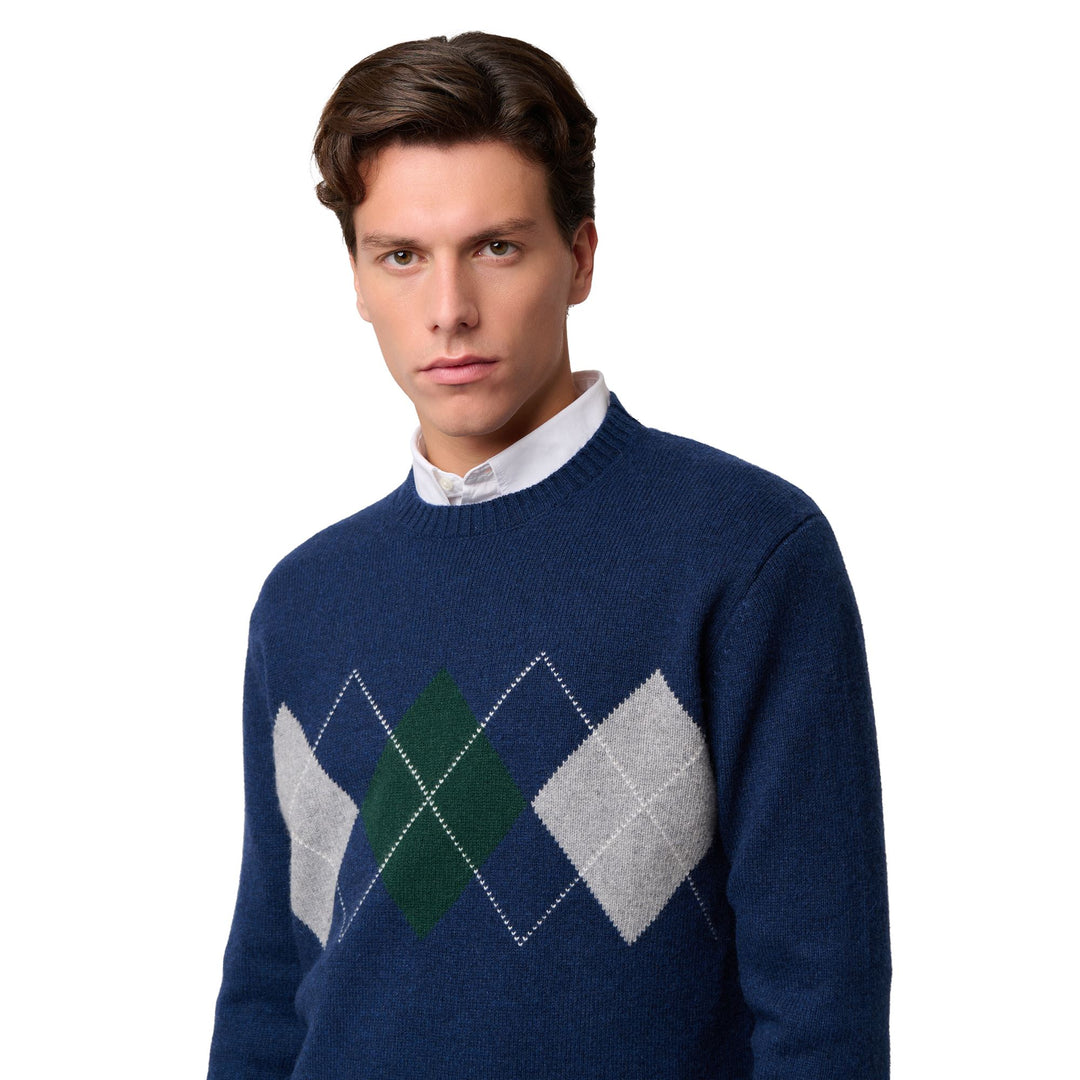 Maglione da uomo in maglia di lana grigio-blu con motivo a rombi main